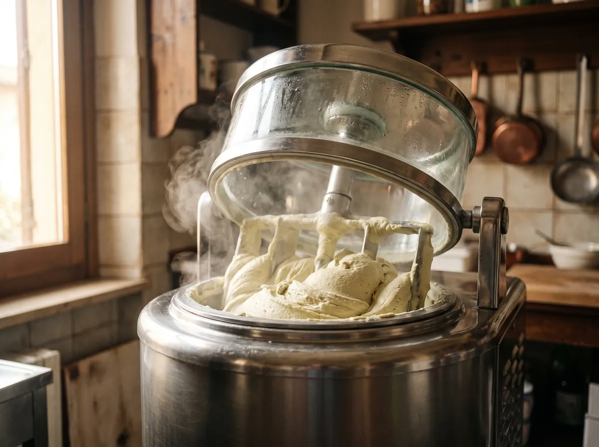 Italienische Eismaschine aus Edelstahl, in der eine helle Eismasse gerührt wird